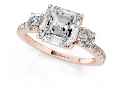 Asscher Cut Diamond Three-Stone Ring Set in Rose gold with Pavé Band and Graduated Sides