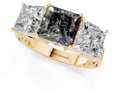 Fancy Black Princess Cut Diamond Three-Stone Ring Set in Yellow gold with Textured Band