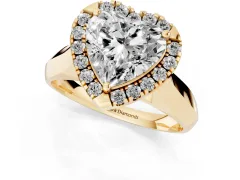 Heart Cut Diamond Halo Solitaire Engagement Ring Set in Yellow gold with Square Band and Prong Setting