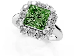 Fancy Green Princess Cut Diamond Halo Cluster Engagement Ring Set in White gold with Polished Band and Prong Setting