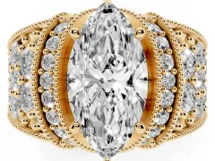 Marquise Cut Diamond Milgrain Halo Pavé Engagement Ring Set in Yellow gold with Prong Setting