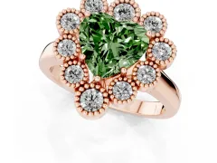 Fancy Green Heart Cut Diamond Cluster Halo Ring Set in Rose gold with Milgrain Bezel Accents and Plain Band