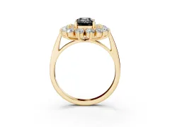 Fancy Black Emerald Cut Diamond Floral Double Halo Ring Set in Yellow gold with Round Petals