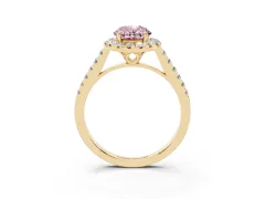 Fancy Pink Oval Cut Diamond Pavé Halo Engagement Ring Set in Yellow gold with Pavé Band and Prong Setting