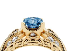 Fancy Blue Radiant Cut Diamond Art Deco Ring Set in Yellow gold with Pavé Split Shank