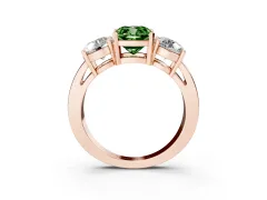 Fancy Green Cushion Cut Diamond Three-Stone Ring Set in Rose gold with Round Side Stones and Classic Band