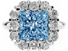 Fancy Blue Princess Cut Diamond Halo Cluster Engagement Ring Set in White gold with Polished Band and Prong Setting