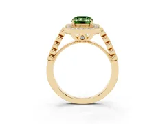 Fancy Green Emerald Cut Diamond Milgrain Halo Solitaire Ring Set in Yellow gold with Bezel Set Side Stones and Pavé Band