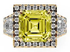 Fancy Yellow Asscher Cut Diamond Halo Split Shank Ring Set in Yellow gold with Round Accent Stones and Prong Setting