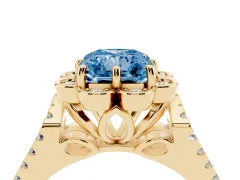 Fancy Blue Radiant Cut Diamond Floral Halo Split Shank Engagement Ring Set in Yellow gold with Pavé Shank