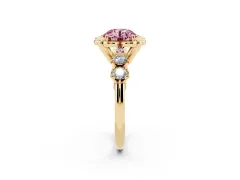 Fancy Pink Round Cut Diamond Floral Halo Ring Set in Yellow gold with Shared Prong Band