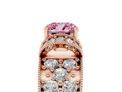 Fancy Pink Cushion Cut Diamond Milgrain Halo Pavé Engagement Ring Set in Rose gold with Prong Setting
