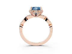 Fancy Blue Princess Cut Diamond Halo Twist Band Solitaire Ring Set in Rose gold with Prong-Set Center Stone