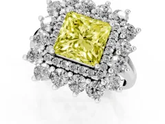 Fancy Yellow Princess Cut Diamond Floral Double Halo Ring Set in Platinum with Round Petals