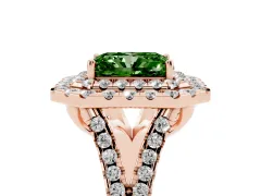 Fancy Green Radiant Cut Diamond Double Halo Ring Set in Rose gold with Pavé Split Shank and Prong Setting