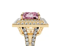 Fancy Pink Princess Cut Diamond Double Halo Ring Set in Yellow gold with Pavé Band