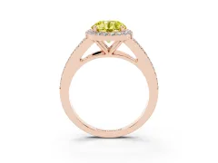 Fancy Yellow Round Cut Diamond Halo Split Shank Ring Set in Rose gold with Accent Stones and Prong Setting