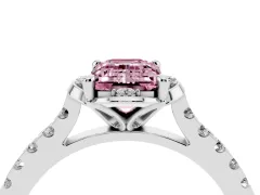 Fancy Pink Emerald Cut Diamond Solitaire Ring Set in Platinum with Pavé Band and Floral Prong Setting