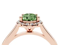 Fancy Green Pear Cut Diamond Halo Engagement Ring Set in Rose gold with Pavé Band and Rising Shoulders