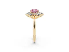 Fancy Pink Cushion Cut Diamond Cluster Halo Ring Set in Yellow gold with Solitaire Band and Prong Setting