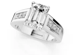Emerald Cut Diamond Solitaire Ring Set in Silver with Channel-Set Accent Stones and Prong Setting