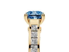 Fancy Blue Cushion Cut Diamond Channel Set Solitaire Engagement Ring Set in Yellow gold with Prong Setting