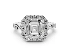 Asscher Cut Diamond Halo Twist Band Solitaire Ring Set in Platinum with Prong Setting