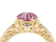 Fancy Pink Round Cut Diamond Halo Ring Set in Yellow gold with Channel Set Band and Prong Setting