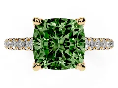 Fancy Green Cushion Cut Diamond Solitaire Ring Set in Yellow gold with Brilliant Pavé Band and Prong Setting