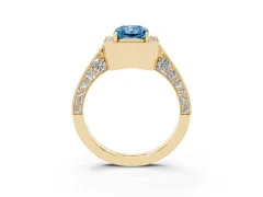 Fancy Blue Radiant Cut Diamond Halo Engagement Ring Set in Yellow gold with Accent Split Shank Band