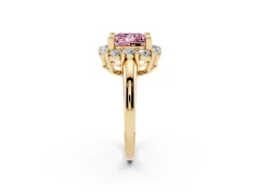 Fancy Pink Princess Cut Diamond Halo Cluster Engagement Ring Set in Yellow gold with Polished Band and Prong Setting