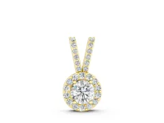 Round Halo Pendant Set in Yellow gold with Prong-Set Round Center