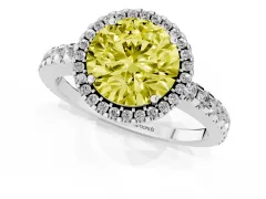 Fancy Yellow Round Cut Diamond Halo Ring Set in Silver with Pavé Shoulders and Halo-Framed Center