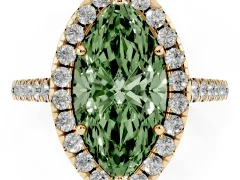 Fancy Green Marquise Cut Diamond Pavé Halo Engagement Ring Set in Yellow gold with Pavé Band and Prong Setting