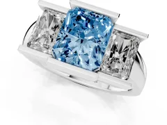 Fancy Blue Radiant Cut Diamond Three-Stone Channel Set Ring Set in Silver with Smooth Polished Band