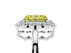 Fancy Yellow Emerald Cut Diamond Halo Cluster Engagement Ring Set in Silver with Solitaire Band and Prong Setting