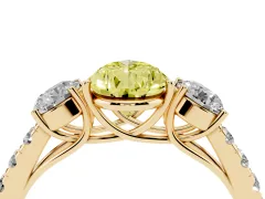 Fancy Yellow Pear Cut Diamond Three-Stone Ring Set in Yellow gold with Round Side Stones and Delicate Pavé Band