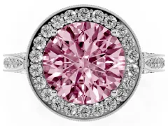 Fancy Pink Round Cut Diamond Halo Engagement Ring Set in Platinum with Accent Split Shank Band