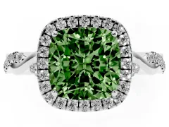 Fancy Green Cushion Cut Diamond Halo Twist Band Solitaire Ring Set in Platinum with Prong Setting