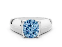 Fancy Blue Round Cut Diamond Bezel Solitaire Ring Set in Platinum with Wide Band