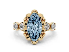 Fancy Blue Marquise Cut Diamond Floral Halo Ring Set in Yellow gold with Shared Prong Band