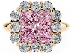 Fancy Pink Princess Cut Diamond Milgrain Halo Solitaire Ring Set in Yellow gold with Bezel Set Side Stones and Pavé Band
