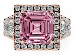 Fancy Pink Asscher Cut Diamond Halo Split Shank Ring Set in Rose gold with Round Accent Stones and Prong Setting