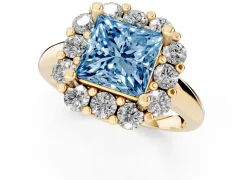 Fancy Blue Princess Cut Diamond Halo Cluster Engagement Ring Set in Yellow gold with Polished Band and Prong Setting