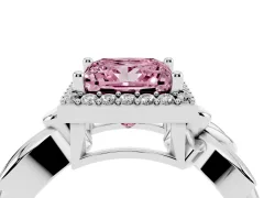 Fancy Pink Princess Cut Diamond Halo Floral Band Ring Set in Platinum with Prong Setting