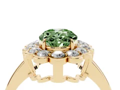 Fancy Green Oval Cut Diamond Halo Cluster Engagement Ring Set in Yellow gold with Solitaire Band and Prong Setting