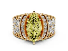 Fancy Yellow Marquise Cut Diamond Milgrain Halo Pavé Engagement Ring Set in Yellow gold with Prong Setting