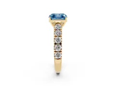 Fancy Blue Asscher Cut Diamond Solitaire Ring Set in Yellow gold with Cut-Down Micro Pavé Band and Prong Setting