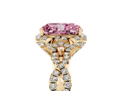 Fancy Pink Radiant Cut Diamond Halo Twist Band Solitaire Ring Set in Yellow gold with Prong-Set Center Stone