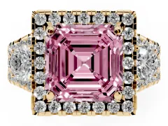 Fancy Pink Asscher Cut Diamond Halo Split Shank Ring Set in Yellow gold with Round Accent Stones and Prong Setting